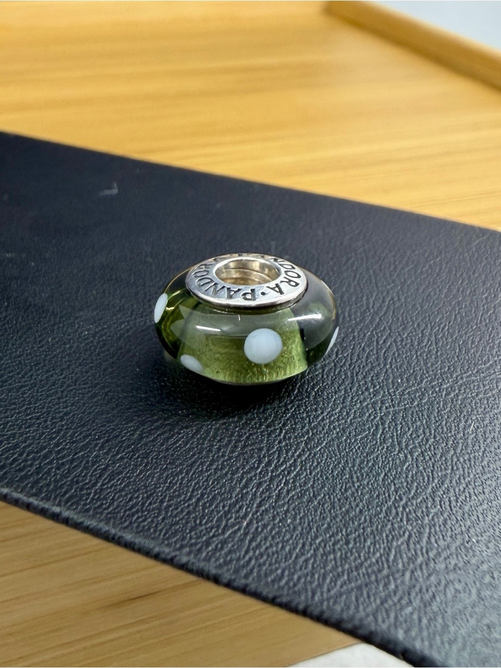 PANDORA Sterling Silver Dark Forest Green White Polka Dots Murano Glass Charm